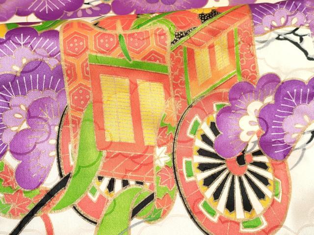 平和屋着物[]七五三 女の子 ７歳 祝着 四つ身 御所車松文 金彩 DABA3874ma