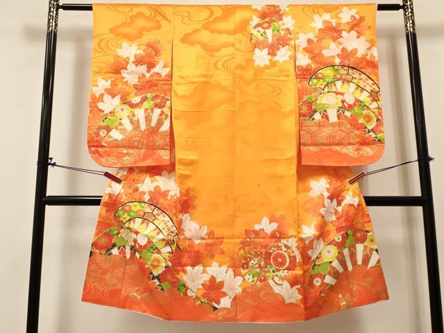 平和屋着物[]七五三　女の子　７歳　祝着　四つ身　駒刺繍　片輪車鼓花文　金彩　DABA3882ma