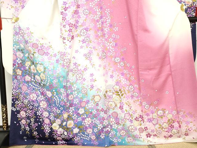 平和屋着物●豪華振袖・長襦袢(無双仕立て)セット　辻が花　草花文　暈し染め　金彩　銀通し地　半衿刺繍　正絹　逸品　AABF6634cs