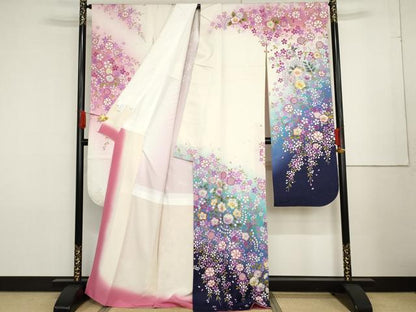 平和屋着物●豪華振袖・長襦袢(無双仕立て)セット　辻が花　草花文　暈し染め　金彩　銀通し地　半衿刺繍　正絹　逸品　AABF6634cs