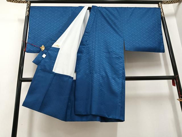 平和屋着物●男性　色紋付　羽織・行灯袴・ワンタッチ角帯セット　花菱地紋　藍色　正絹　逸品　AABF8770ph
