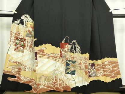 平和屋着物■豪華黒留袖　駒刺繍　風景草花文　金彩　正絹　逸品　DABC0226sf