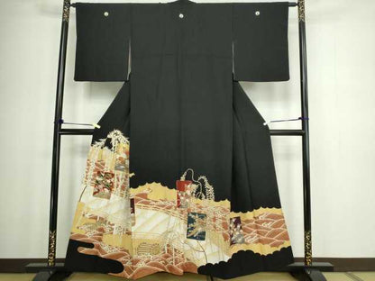 平和屋着物■豪華黒留袖　駒刺繍　風景草花文　金彩　正絹　逸品　DABC0226sf