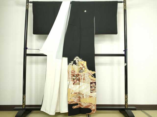 平和屋着物■豪華黒留袖　駒刺繍　風景草花文　金彩　正絹　逸品　DABC0226sf