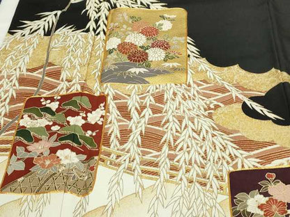平和屋着物■豪華黒留袖　駒刺繍　風景草花文　金彩　正絹　逸品　DABC0226sf