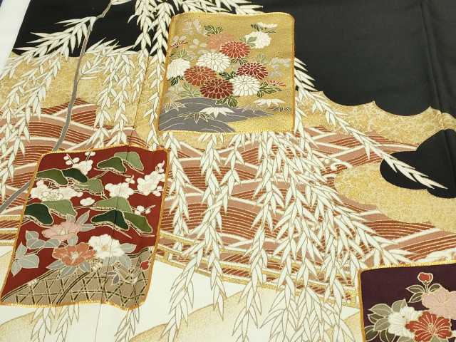 平和屋着物■豪華黒留袖　駒刺繍　風景草花文　金彩　正絹　逸品　DABC0226sf
