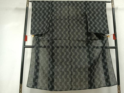 平和屋着物＊夏物　上布　幾何学文様　黒地　麻　逸品　AABF5801fy