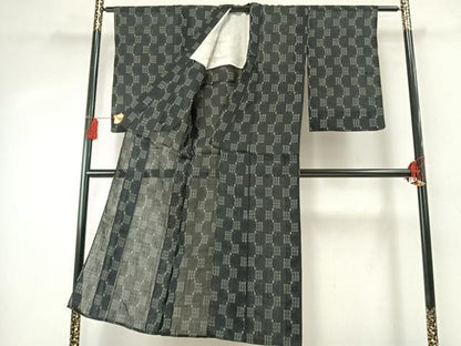 平和屋着物＊夏物　上布　幾何学文様　黒地　麻　逸品　AABF5801fy