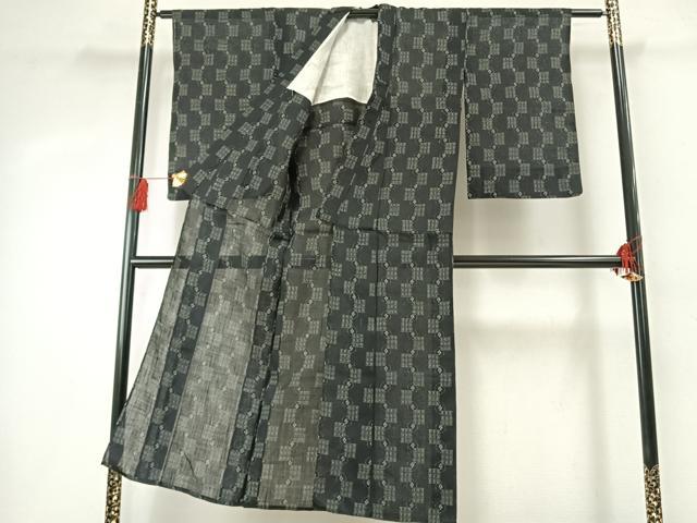 平和屋着物＊夏物　上布　幾何学文様　黒地　麻　逸品　AABF5801fy