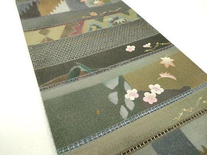 平和屋着物●中国三大刺繍　スワトウ刺繍　汕頭刺繍　両面　六通柄袋帯　横段吹き寄せ花文　金銀彩　さが美扱い　正絹　逸品　DABB1840fe