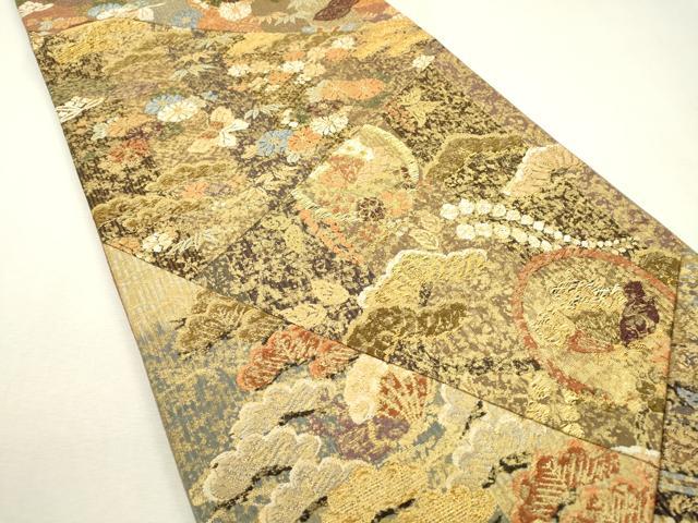 平和屋着物▼六通柄袋帯 唐織 ふくれ織 切嵌 舞蝶花松文 金糸 正絹 逸品 DABB1879fe