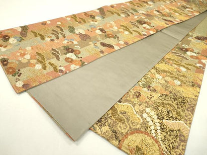 平和屋着物▼六通柄袋帯 唐織 ふくれ織 切嵌 舞蝶花松文 金糸 正絹 逸品 DABB1879fe