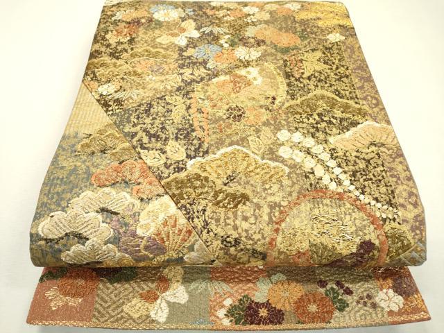 平和屋着物▼六通柄袋帯 唐織 ふくれ織 切嵌 舞蝶花松文 金糸 正絹 逸品 DABB1879fe