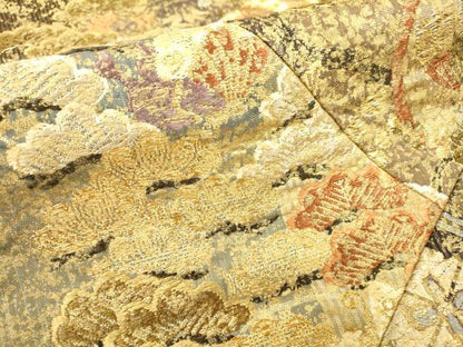 平和屋着物▼六通柄袋帯 唐織 ふくれ織 切嵌 舞蝶花松文 金糸 正絹 逸品 DABB1879fe