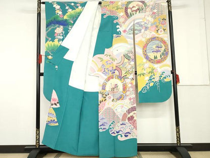 平和屋着物●本加賀友禅作家　白坂幸蔵　振袖　九谷図　正絹　逸品　AABF9102cs