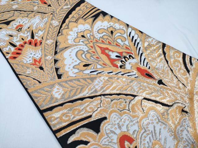 平和屋着物◎六通柄袋帯　更紗花文　黒地　金糸　正絹　逸品　CABD1746ha