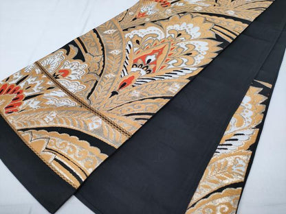 平和屋着物◎六通柄袋帯　更紗花文　黒地　金糸　正絹　逸品　CABD1746ha