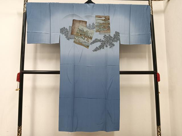 平和屋着物●男性　長襦袢　袷　色紙人物風景文　暈し染め　正絹　逸品　AABF9547ph