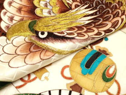 平和屋着物[]お宮参り　男の子　祝着　産着　初着　のしめ　刺繍　鷹　鷲　扇面宝尽くし文　金彩　逸品　DABA3907ma