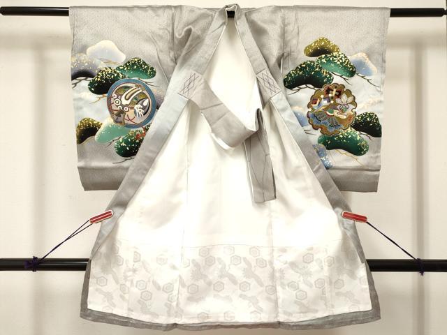 平和屋着物[]お宮参り　男の子　祝着　産着　初着　のしめ　鷹　鷲　兜　雪輪宝尽くし松文　暈し染め　金彩　逸品　未使用　DABA3911ma