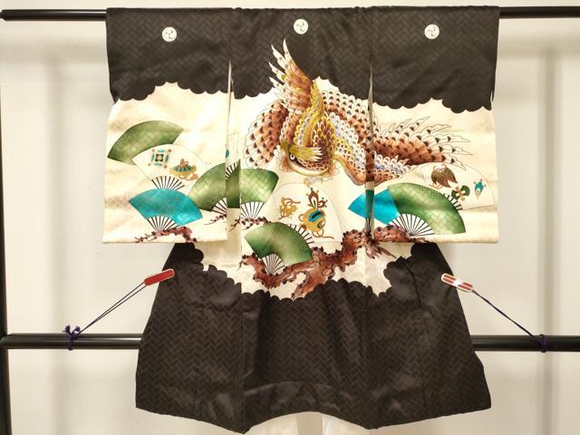 平和屋着物[]お宮参り　男の子　祝着　産着　初着　のしめ　刺繍　鷹　鷲　扇面宝尽くし文　金彩　逸品　DABA3907ma