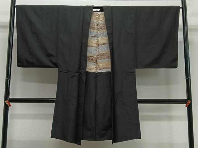 平和屋着物∞男性　長羽織　黒紋付　羽裏：花鳥文　正絹　逸品　CABC3170ua