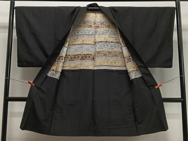 平和屋着物∞男性　長羽織　黒紋付　羽裏：花鳥文　正絹　逸品　CABC3170ua
