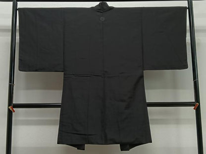 平和屋着物∞男性　長羽織　黒紋付　羽裏：花鳥文　正絹　逸品　CABC3170ua