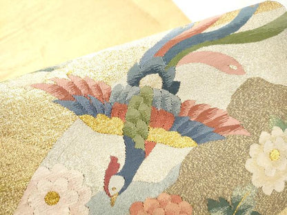 平和屋着物●太鼓柄袋帯　綴れ　地紙鳳凰草花文　金銀糸　正絹　逸品　CABD0631hy