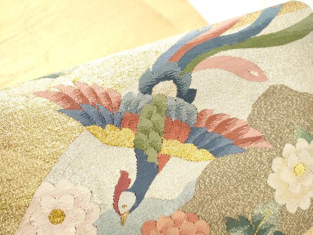 平和屋着物●太鼓柄袋帯　綴れ　地紙鳳凰草花文　金銀糸　正絹　逸品　CABD0631hy