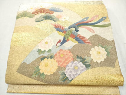 平和屋着物●太鼓柄袋帯　綴れ　地紙鳳凰草花文　金銀糸　正絹　逸品　CABD0631hy