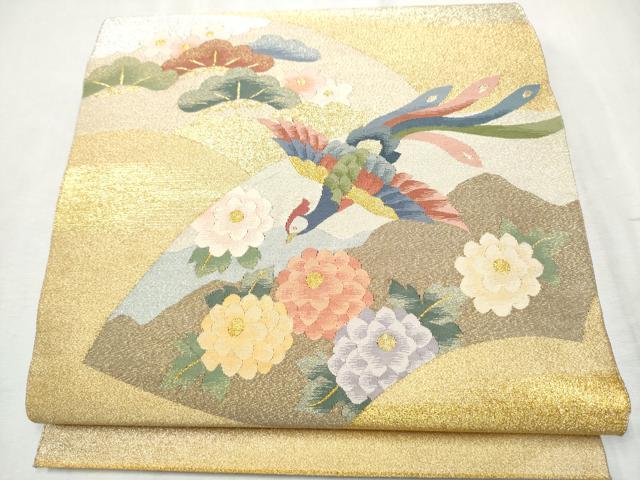 平和屋着物●太鼓柄袋帯　綴れ　地紙鳳凰草花文　金銀糸　正絹　逸品　CABD0631hy