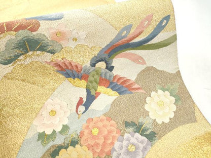 平和屋着物●太鼓柄袋帯　綴れ　地紙鳳凰草花文　金銀糸　正絹　逸品　CABD0631hy