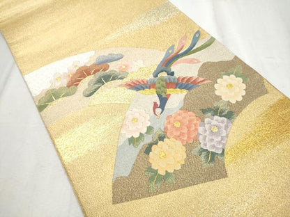 平和屋着物●太鼓柄袋帯　綴れ　地紙鳳凰草花文　金銀糸　正絹　逸品　CABD0631hy