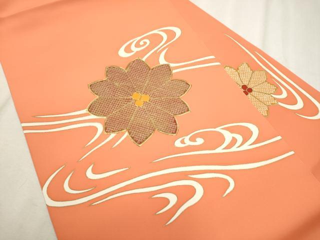 平和屋着物●塩瀬　九寸名古屋帯　駒刺繍　流水花文　金彩　正絹　逸品　CABD0697hy