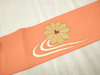 平和屋着物●塩瀬　九寸名古屋帯　駒刺繍　流水花文　金彩　正絹　逸品　CABD0697hy
