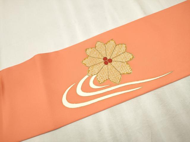 平和屋着物●塩瀬　九寸名古屋帯　駒刺繍　流水花文　金彩　正絹　逸品　CABD0697hy