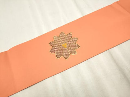 平和屋着物●塩瀬　九寸名古屋帯　駒刺繍　流水花文　金彩　正絹　逸品　CABD0697hy