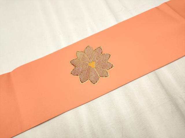 平和屋着物●塩瀬　九寸名古屋帯　駒刺繍　流水花文　金彩　正絹　逸品　CABD0697hy