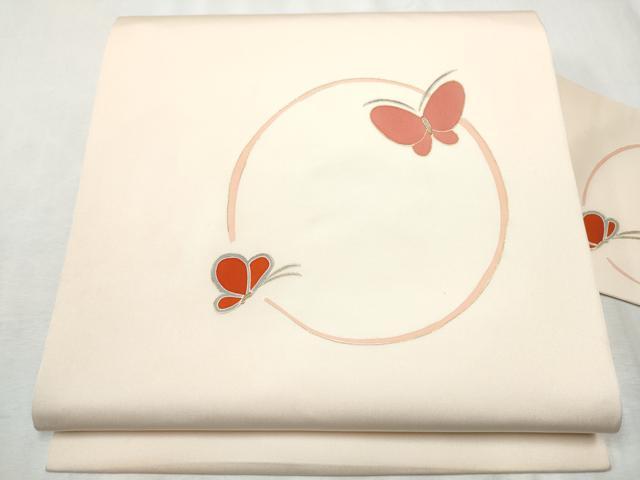 平和屋着物●塩瀬　九寸名古屋帯　駒刺繍　舞蝶丸文　金彩　正絹　逸品　CABD0693hy
