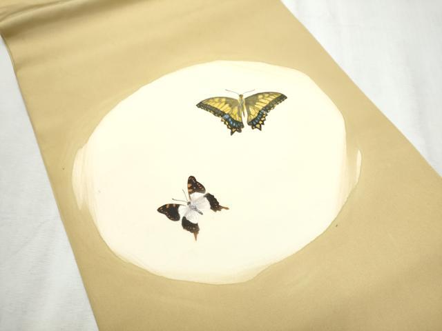 平和屋着物●塩瀬　九寸開き名古屋帯　手描き　舞蝶文　正絹　逸品　CABD0724hy