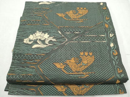 平和屋着物●本場筑前博多織 八寸名古屋帯 花鳥文 正絹 逸品 CABD0718hy