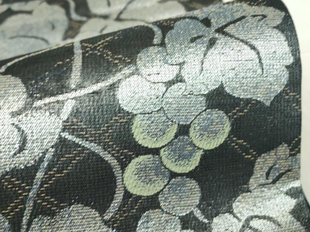 平和屋着物▽六通柄袋帯 スリーシーズン 春夏秋 葡萄唐草文 黒地 銀糸 正絹 逸品 DABA4856az