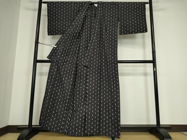 平和屋着物●久留米絣 単衣 麻の葉文 黒地 綿 逸品 DABA4900az