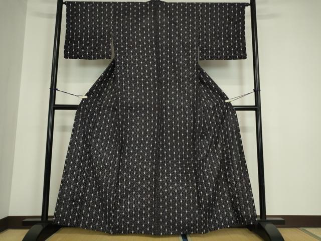 平和屋着物●久留米絣 単衣 麻の葉文 黒地 綿 逸品 DABA4900az