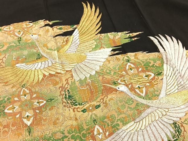 平和屋着物■豪華黒留袖　刺繍　飛鶴飾花文　金彩　正絹　逸品　BAAW4637hv