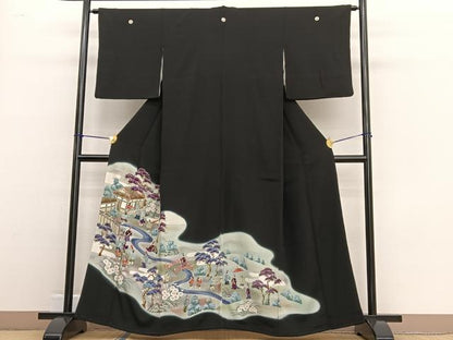 平和屋着物■豪華黒留袖　手描き　人物風景文　暈し染め　正絹　逸品　BAAW4719hv