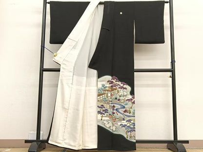 平和屋着物■豪華黒留袖　手描き　人物風景文　暈し染め　正絹　逸品　BAAW4719hv
