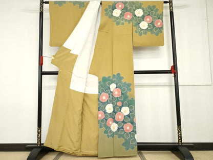 平和屋着物●絞り染師 清鈴 訪問着 絞り 草花文 椿 暈し染め 金彩 正絹 逸品 AABG0313cs