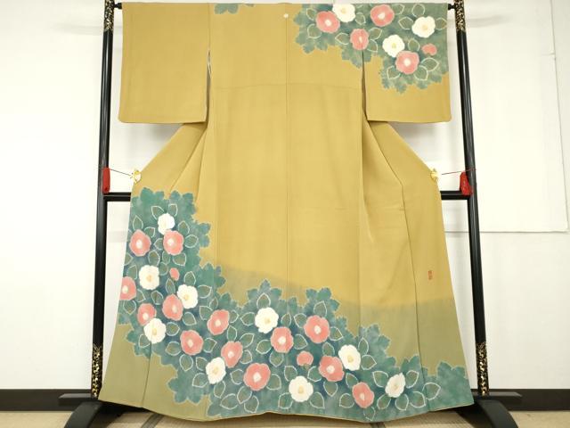 平和屋着物●絞り染師 清鈴 訪問着 絞り 草花文 椿 暈し染め 金彩 正絹 逸品 AABG0313cs